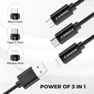 3 in 1 Fast Charging Cable for Type-C, Lightning & Micro Devices - Ambrane India