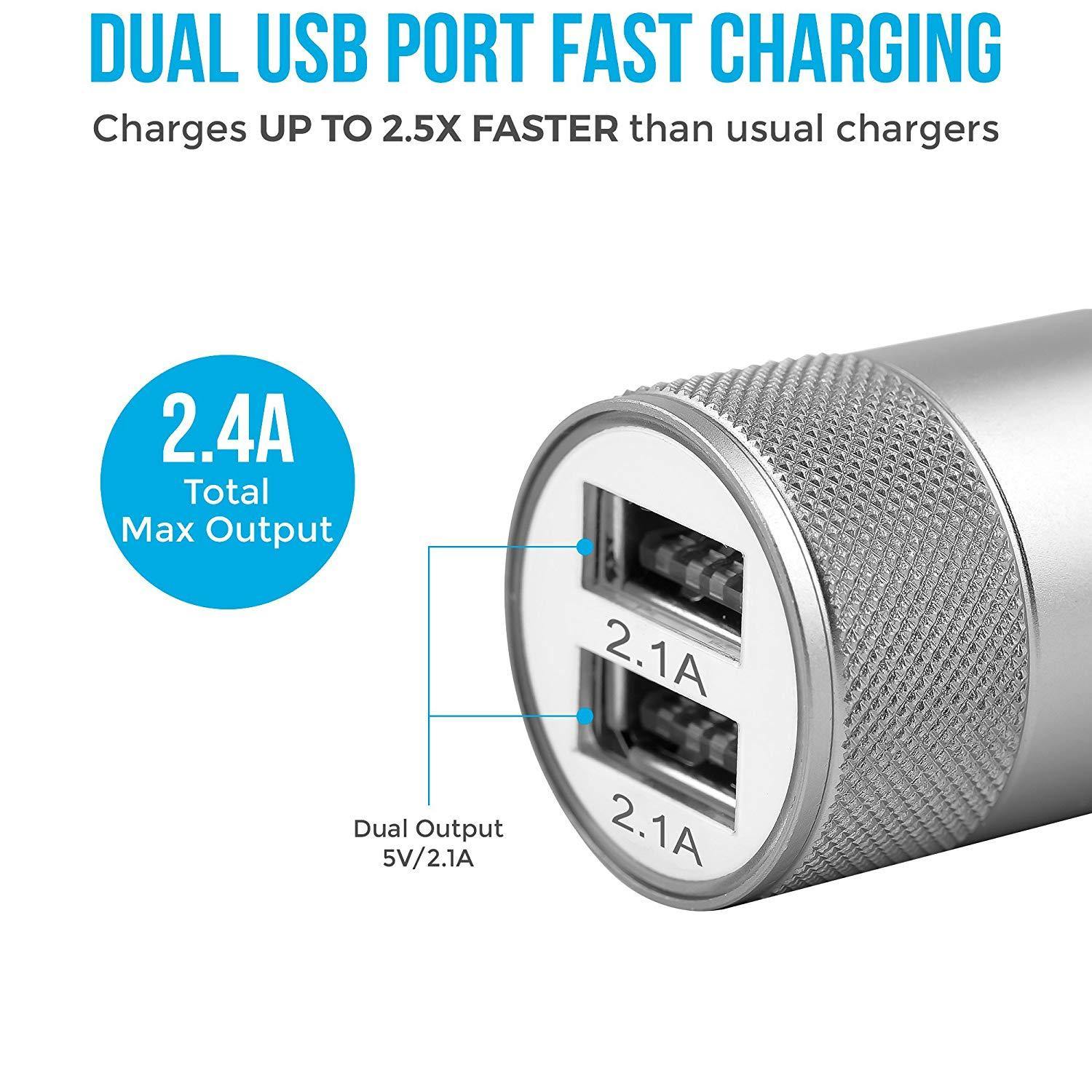 ACC-74-M Dual Port Car Charger for All Smartphones (Black & Silver) - AmbraneIndia