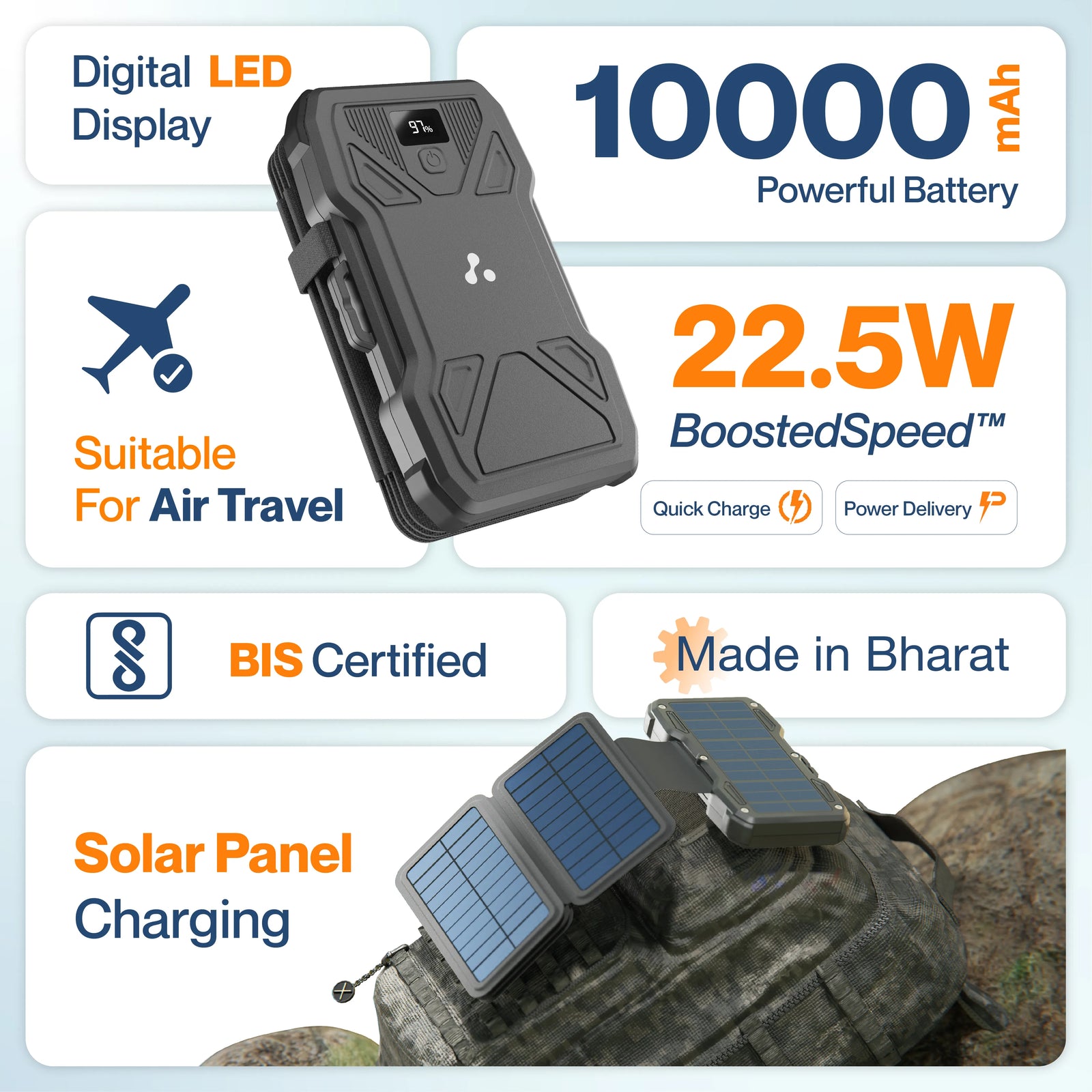 Portable Solar 10K power bank with carabiner hook – Ambrane India