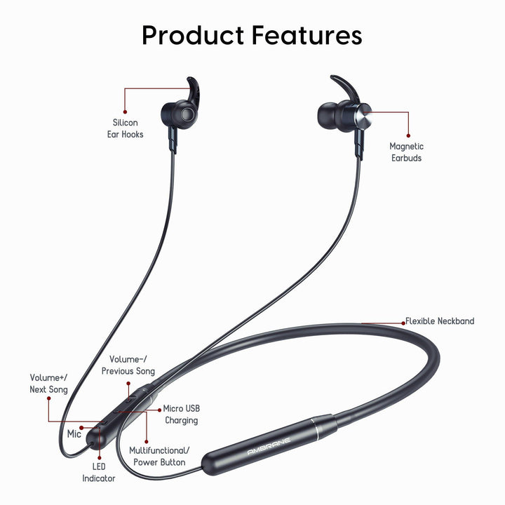 Ambrane Melody 20 Bluetooth Earphones (Black) - AmbraneIndia