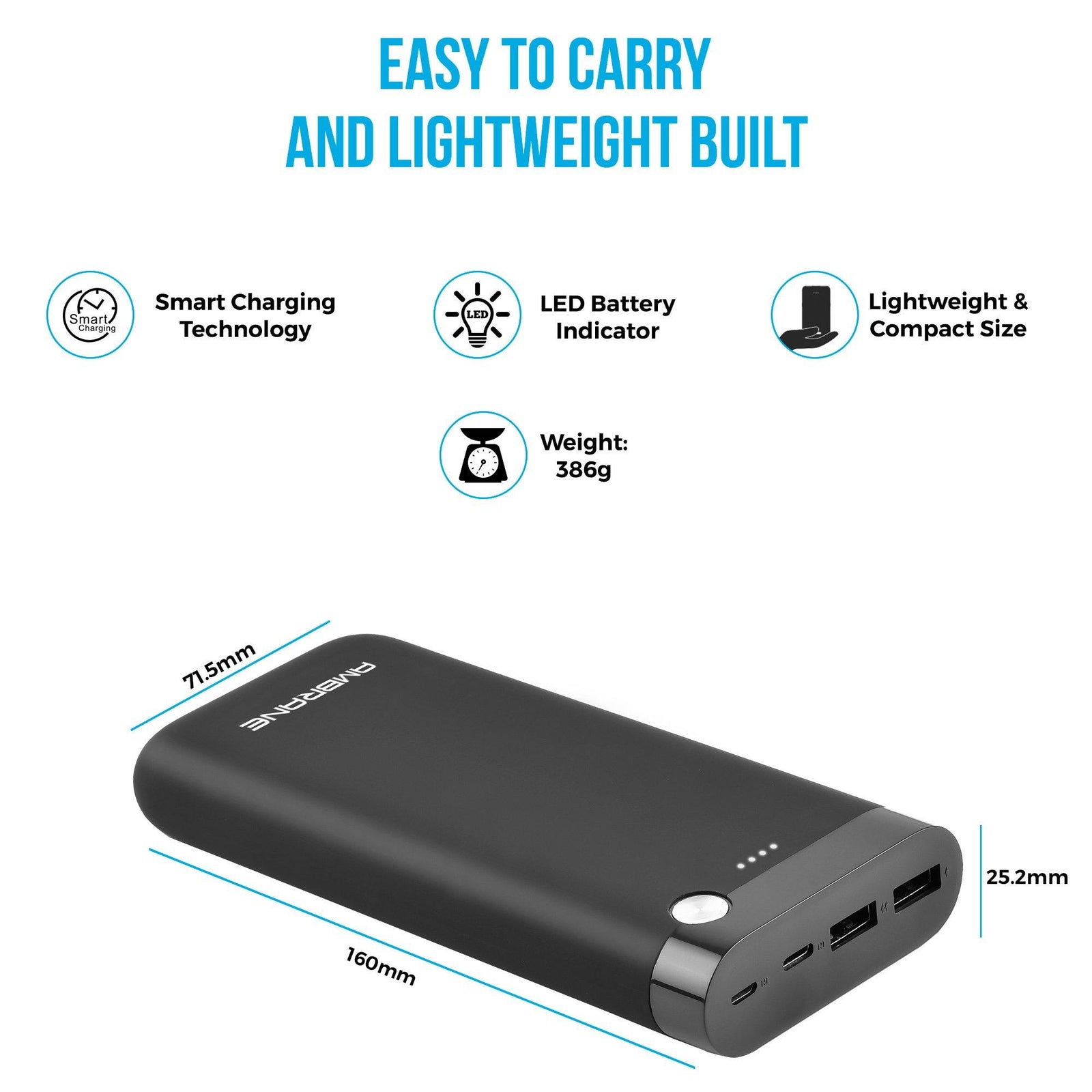 PP-20 20000 mAh Li-Polymer Powerbank with Dual Micro/ Type-C Input Fast Charging for Smartphone, Smart Watches, Neckbands & Other Devices, Made In India(Black) - AmbraneIndia