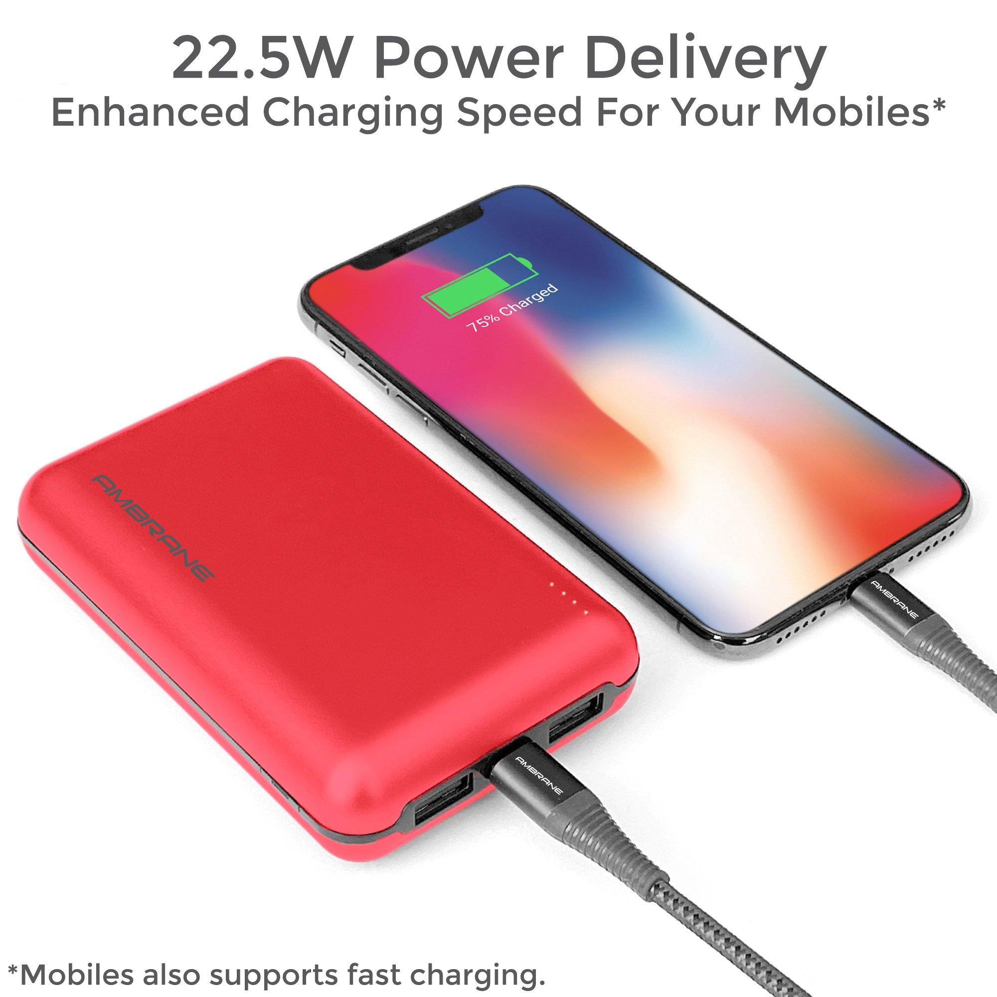PowerLit XL 20000 mAh Polymer power bank with type C port (Red) - AmbraneIndia