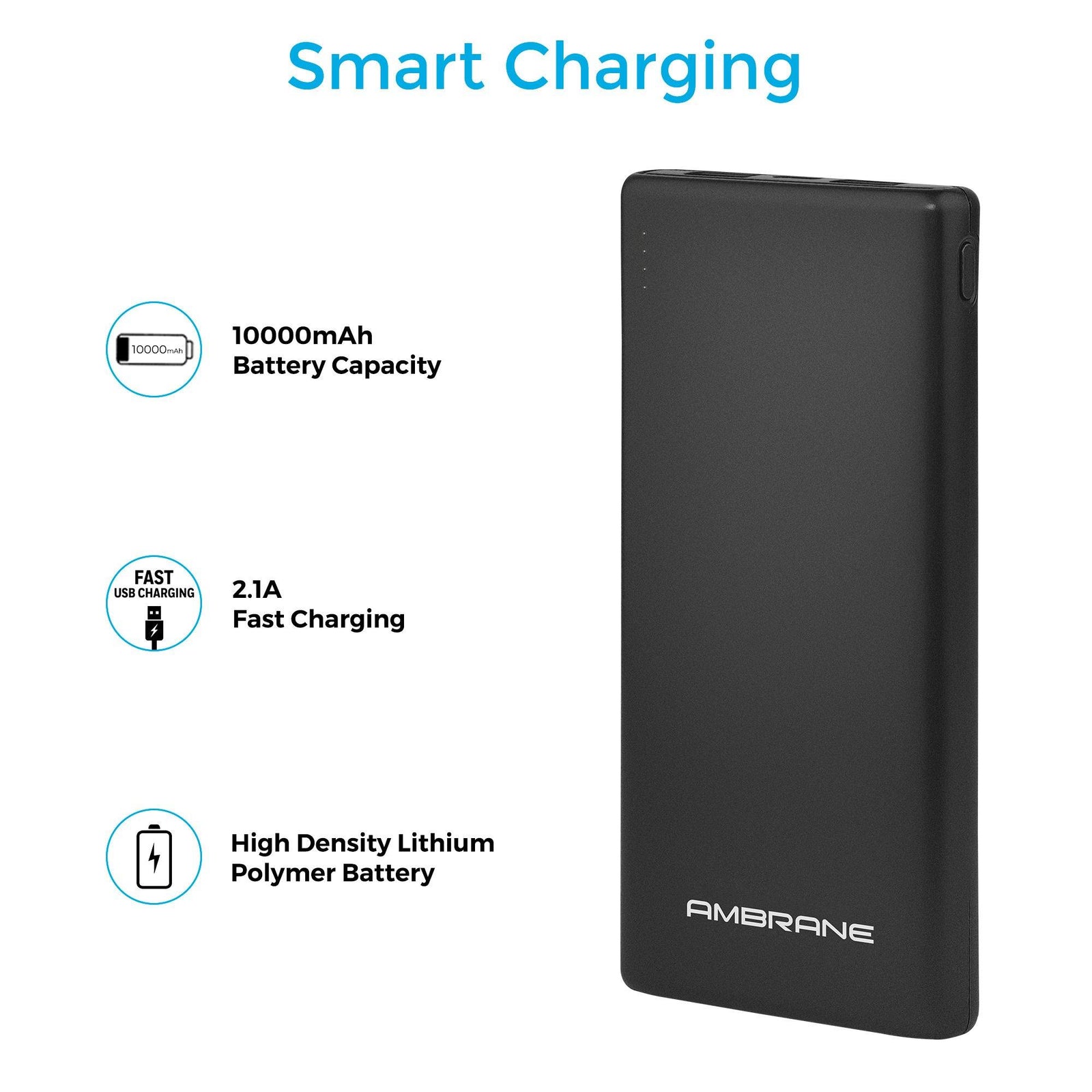 PP-125 10,000 mAh Lithium Polymer Power Bank (Black) | Best PowerBank in 10000mAh - AmbraneIndia