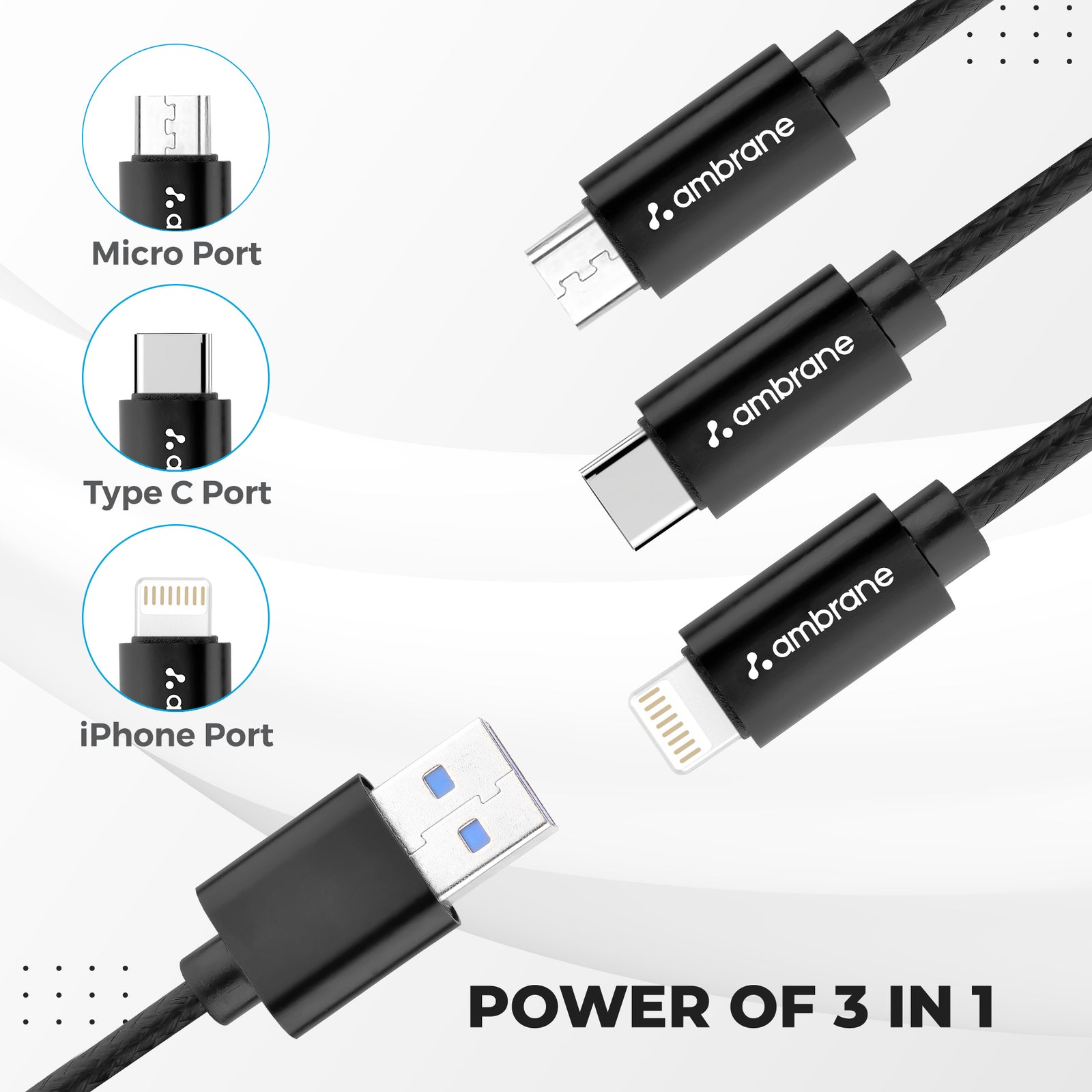 3 in 1 Fast Charging Cable for Type-C, Lightning & Micro Devices - Ambrane India