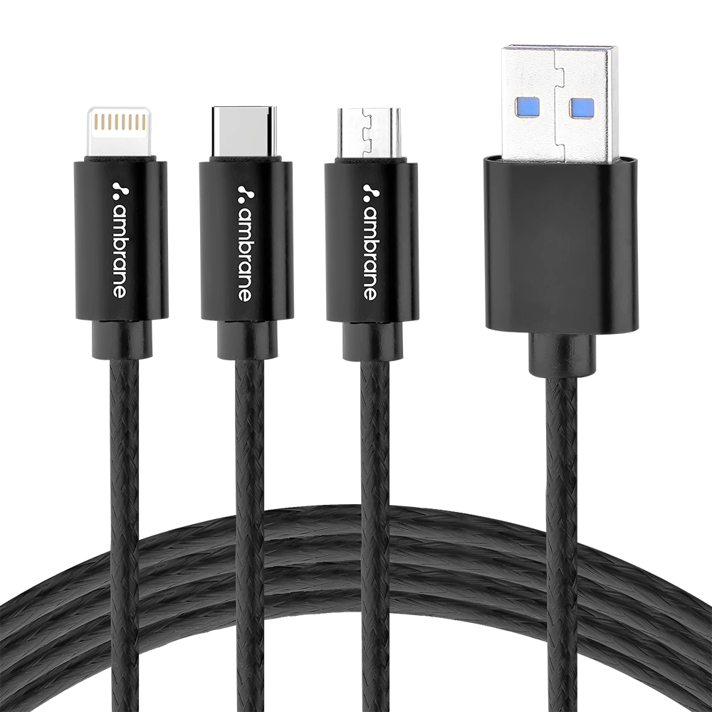 3-in-1 charging cable with Type C, lightning and micro USB port
