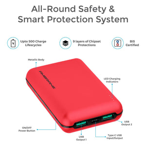 PowerLit XL 20000 mAh Polymer power bank with type C port (Red) - AmbraneIndia