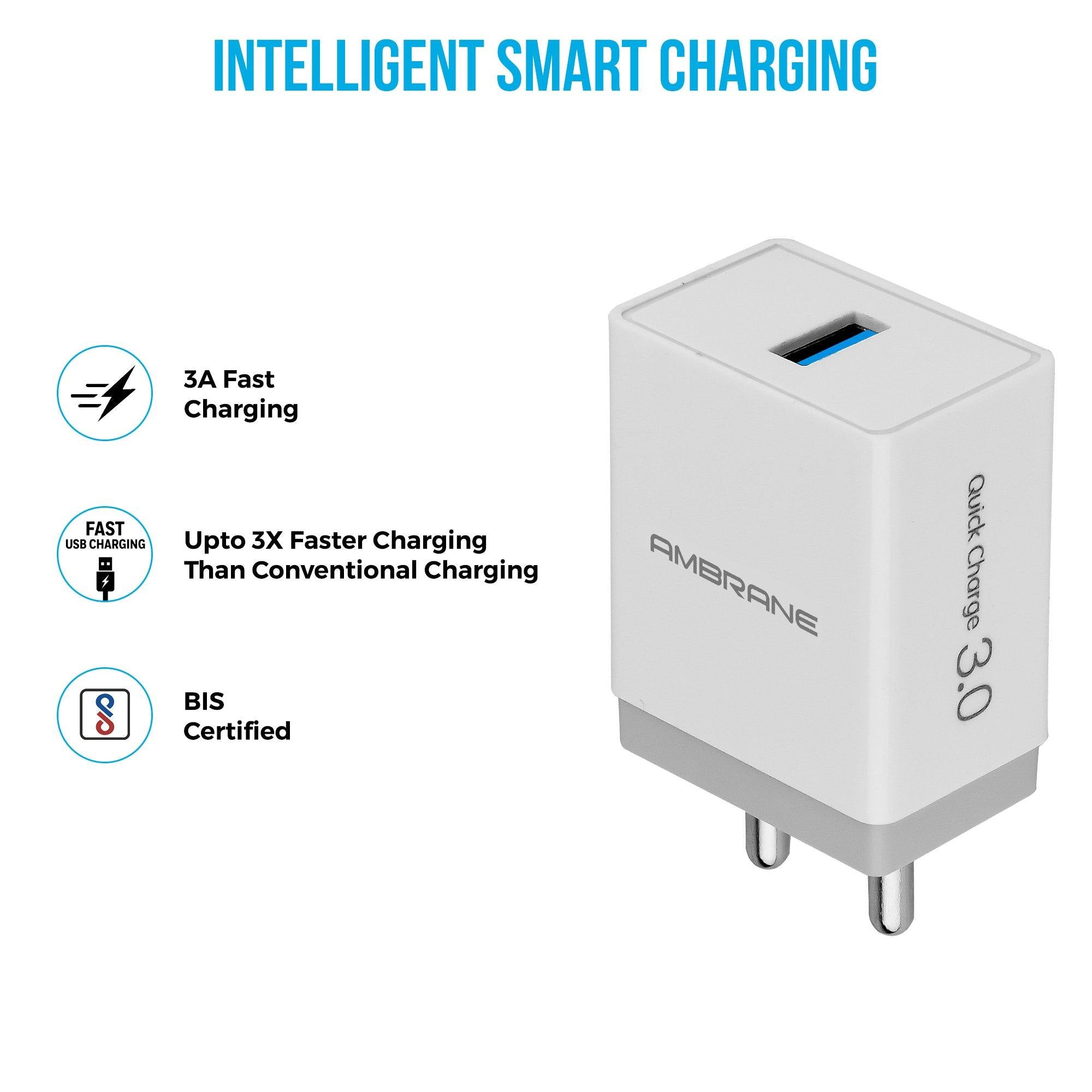 Ambrane AQC-56 Quick Charge 3.0 Enabled Wall Charger (White) - AmbraneIndia