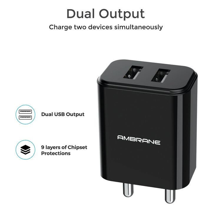 AWC-74 Dual USB Port Wall Charger (Black) - AmbraneIndia