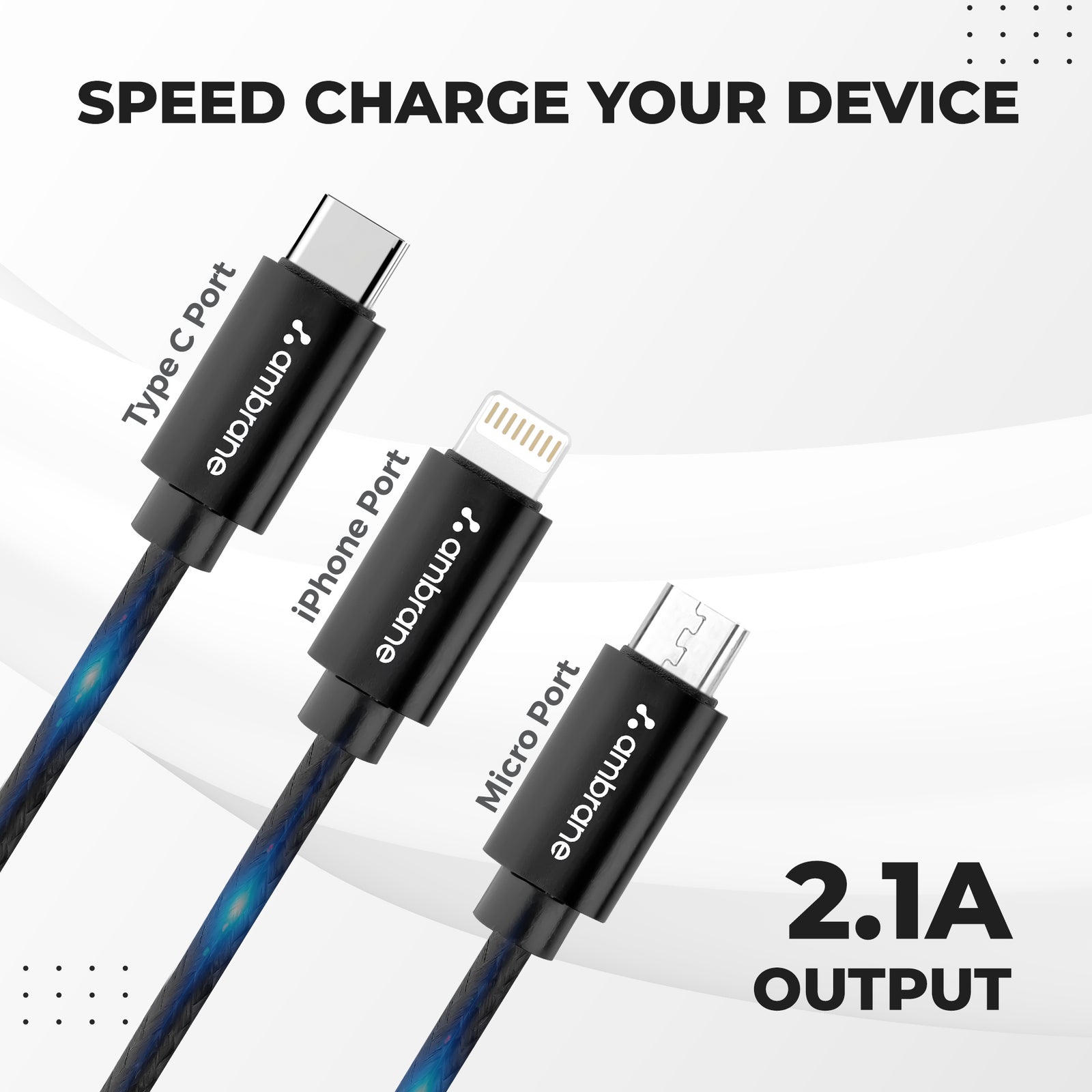 three-in-one charging cable with Lightning, Micro USB and Type-C connectors – Ambrane India