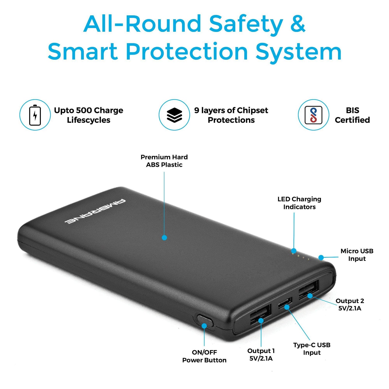 PP-125 10,000 mAh Lithium Polymer Power Bank (Black) | Best PowerBank in 10000mAh - AmbraneIndia