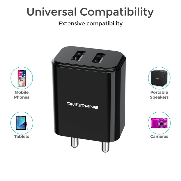 AWC-74 Dual USB Port Wall Charger (Black) - AmbraneIndia