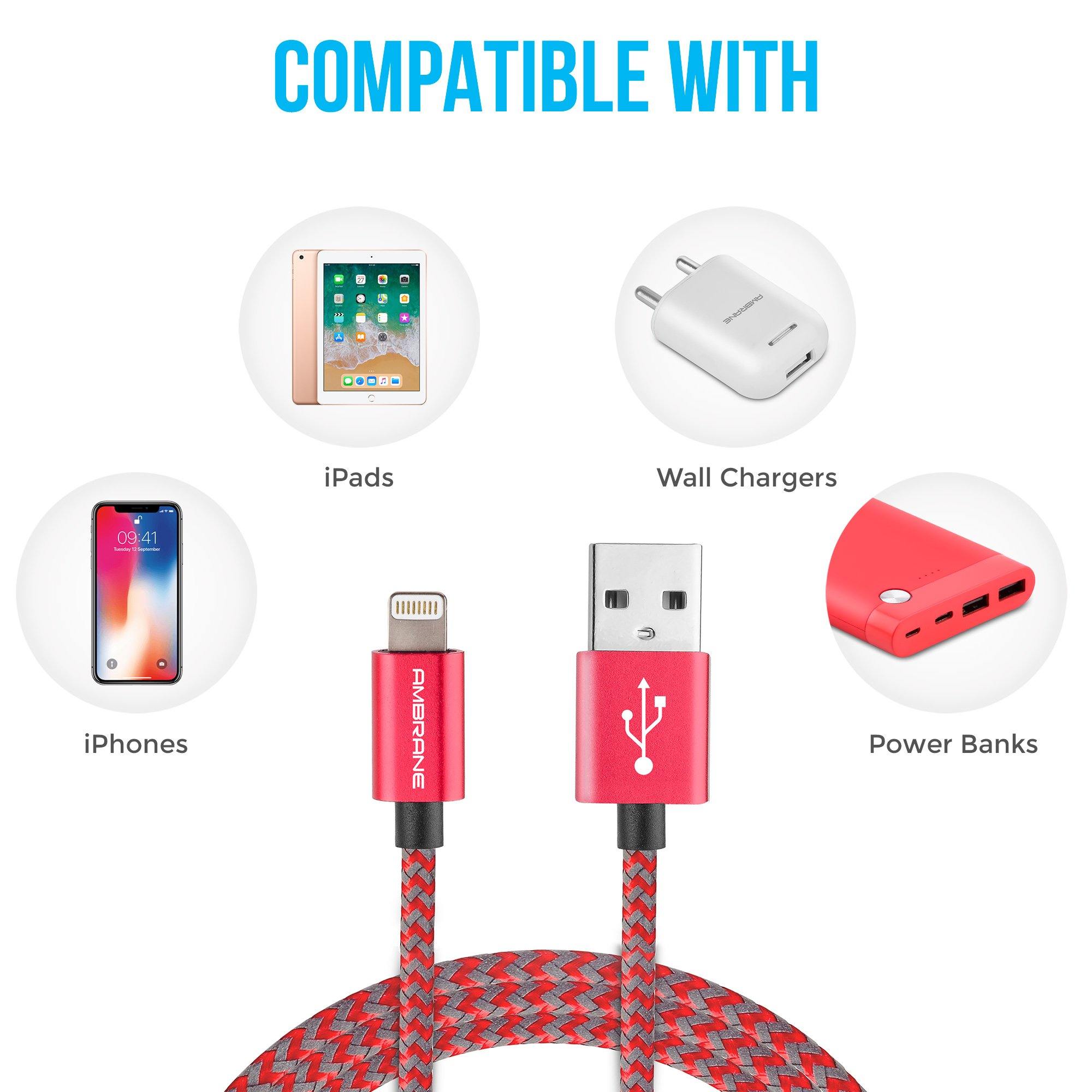 AMC-11 iPhone Lightning Cable - 1 Meter (Red & Grey) - AmbraneIndia