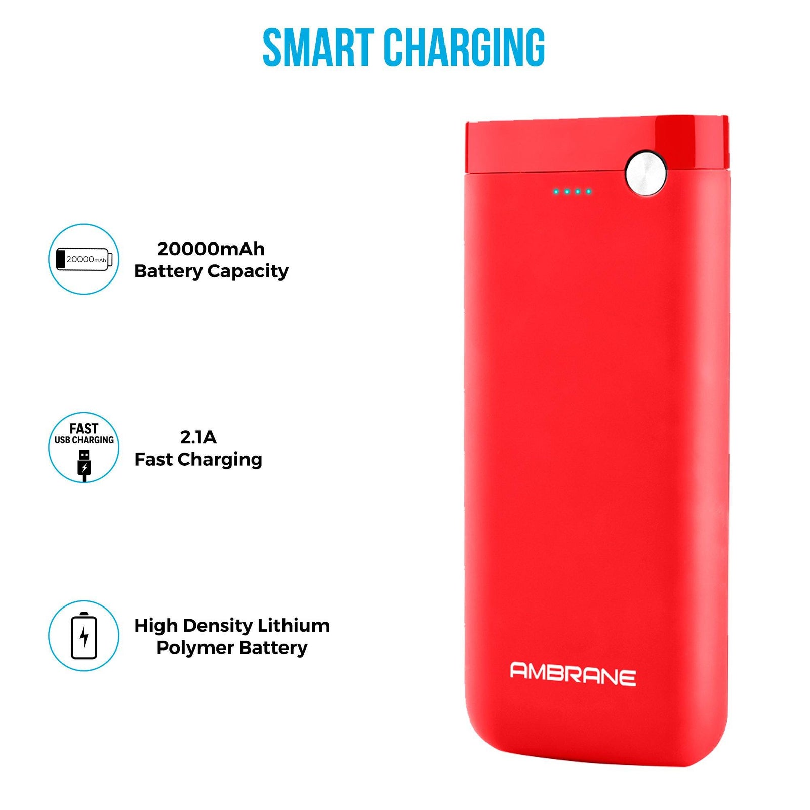 PP-20 20000 mAh Li-Polymer Powerbank with Dual Micro/ Type-C Input Fast Charging for Smartphone, Smart Watches, Neckbands & Other Devices, Made In India(Red) - AmbraneIndia