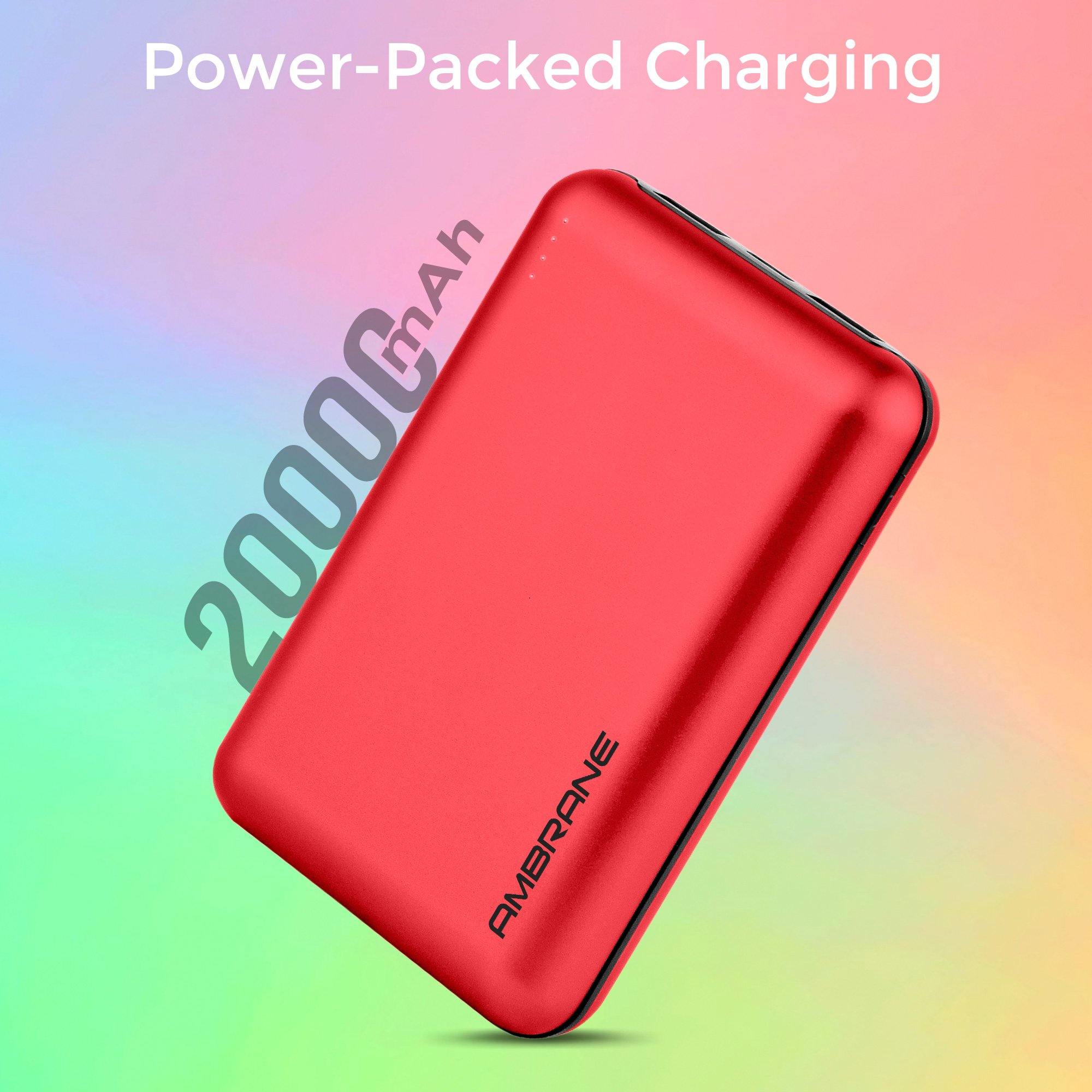 PowerLit XL 20000 mAh Polymer power bank with type C port (Red) - AmbraneIndia