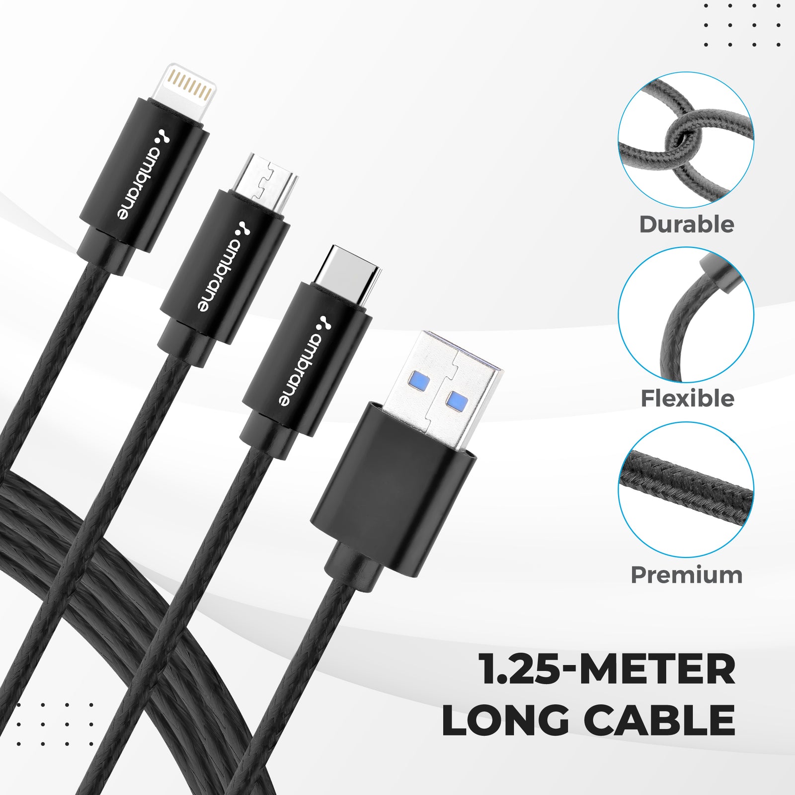 Trio 11 3-in-1 fast charging cable with Lightning, Micro-USB and Type-C connectors – Ambrane India