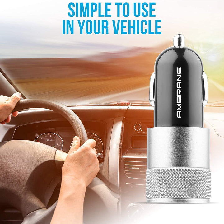 ACC-74-M Dual Port Car Charger for All Smartphones (Black & Silver) - AmbraneIndia