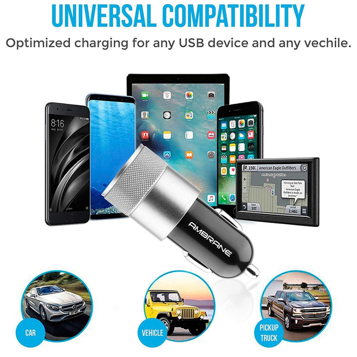 ACC-74-M Dual Port Car Charger for All Smartphones (Black & Silver) - AmbraneIndia