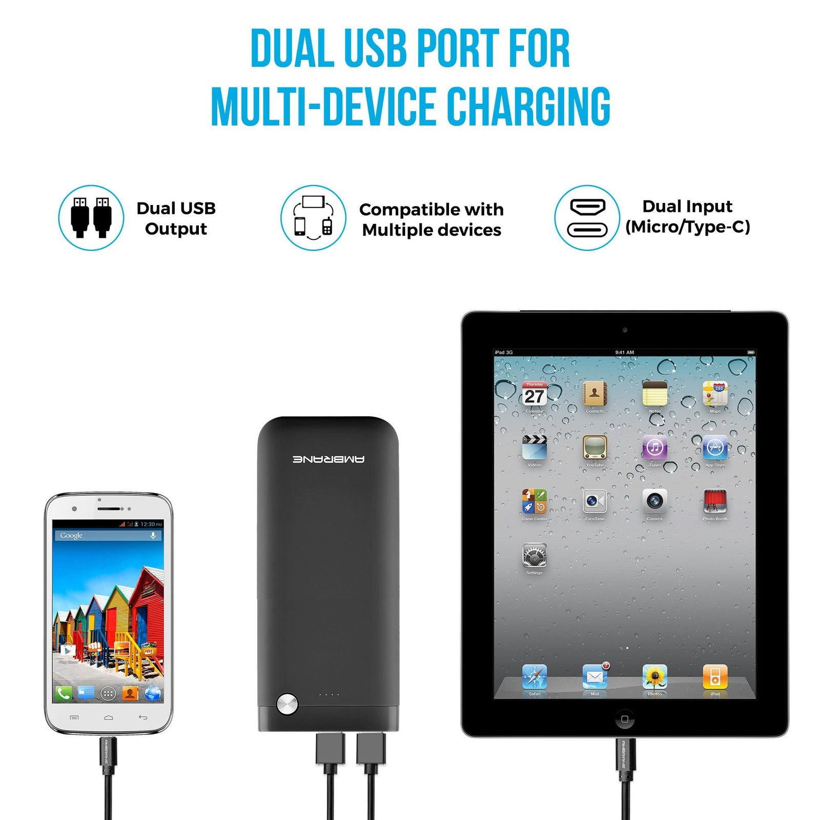 PP-20 20000 mAh Li-Polymer Powerbank with Dual Micro/ Type-C Input Fast Charging for Smartphone, Smart Watches, Neckbands & Other Devices, Made In India(Black) - AmbraneIndia