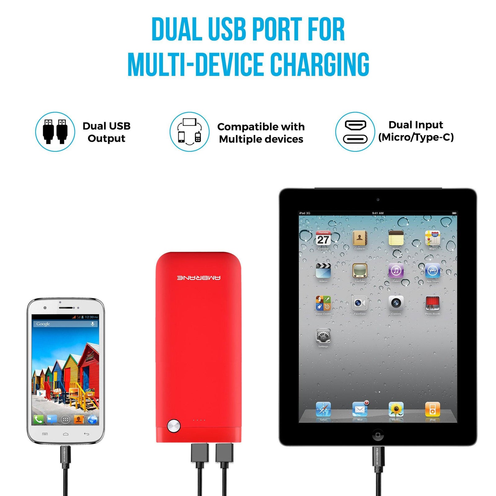 PP-20 20000 mAh Li-Polymer Powerbank with Dual Micro/ Type-C Input Fast Charging for Smartphone, Smart Watches, Neckbands & Other Devices, Made In India(Red) - AmbraneIndia