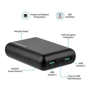 PowerLit XL 20000 mAh Polymer PowerBank with type C port (Black) - AmbraneIndia