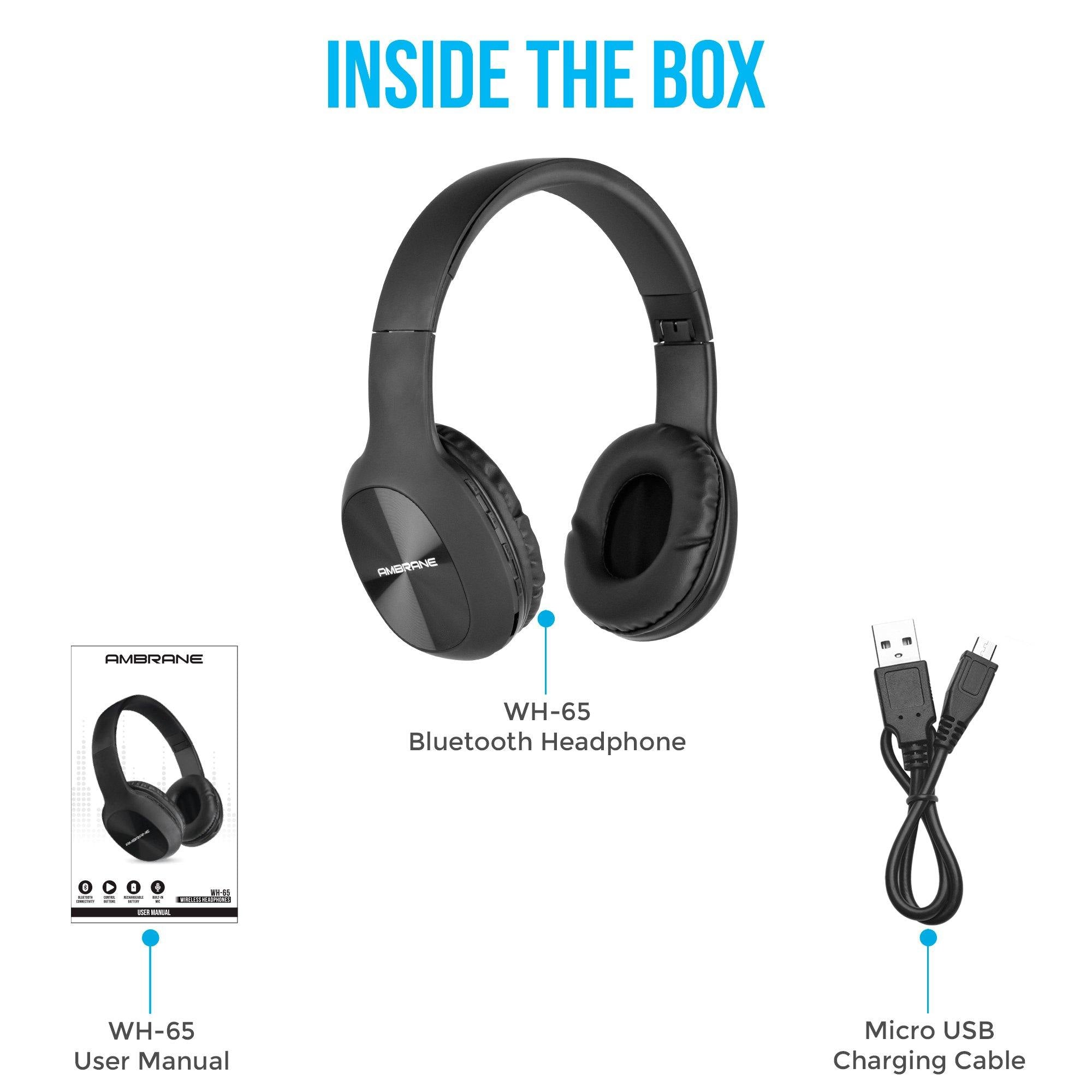 WH-65 Over The Ear Wireless Headphones With Mic, Wireless FM, Aux & SD Card Support (Black) - AmbraneIndia
