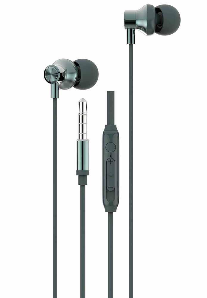 Green wired earphones with volume slider control