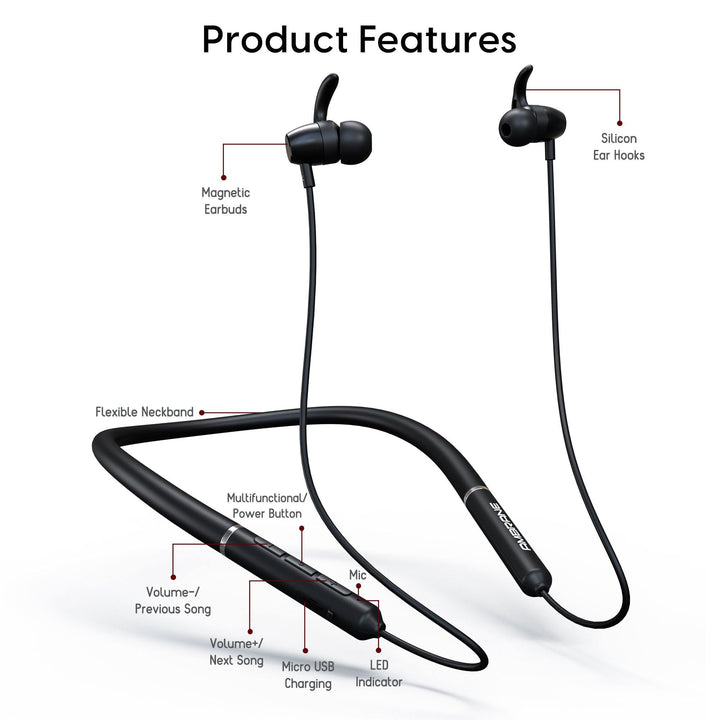 Ambrane Bassband Pro Bluetooth Earphones (Black) - AmbraneIndia