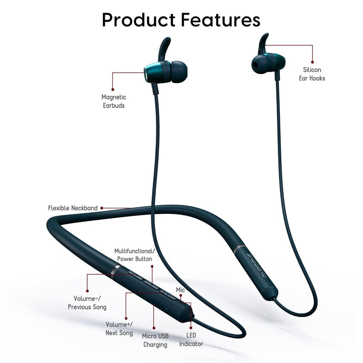 Ambrane Bassband Pro Bluetooth Earphones (Teal Blue) - AmbraneIndia