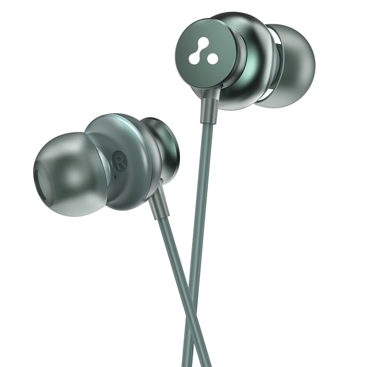 Green wired earphones with mic